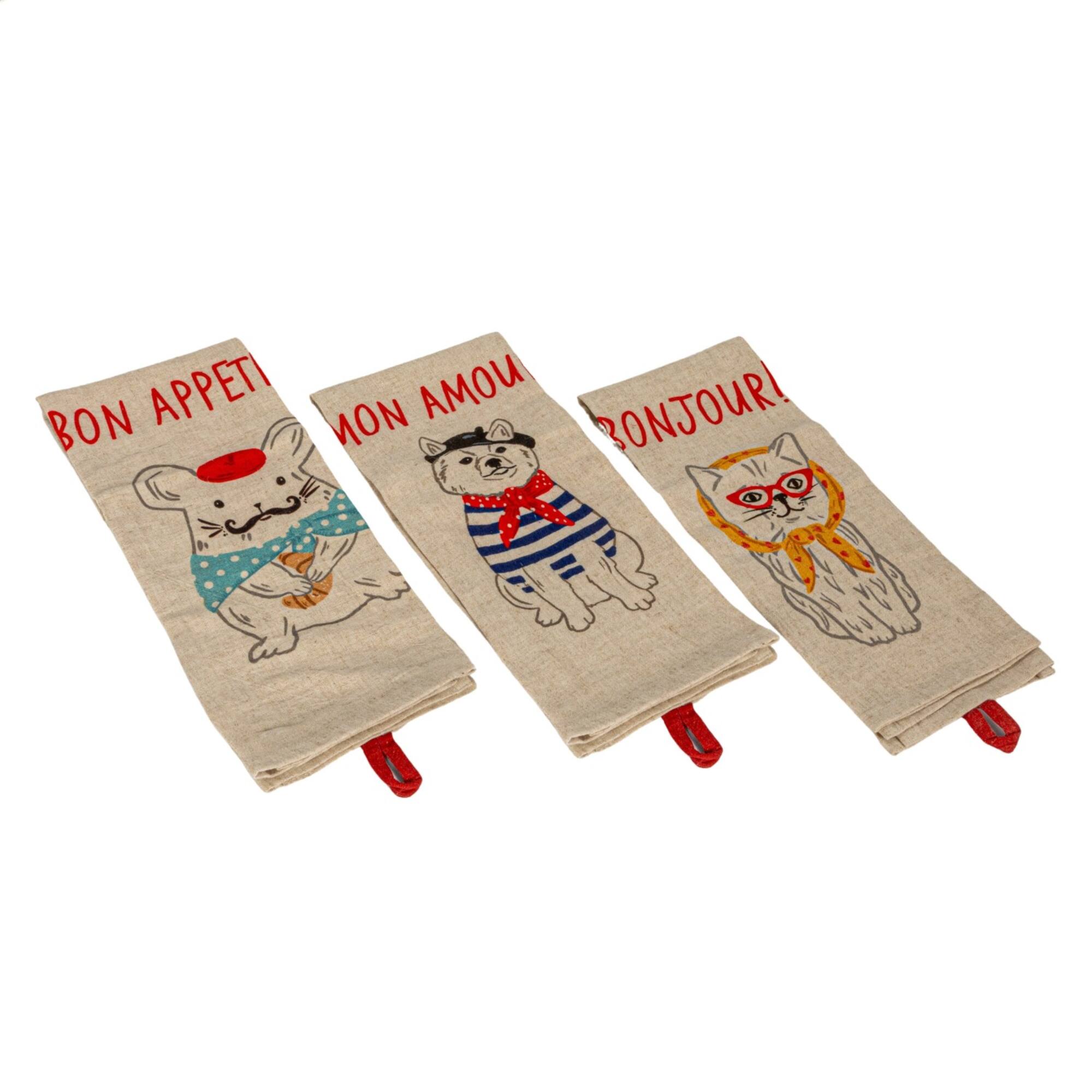 Hello Honey® French Animal Linen Blend Tea Towels, 3ct.